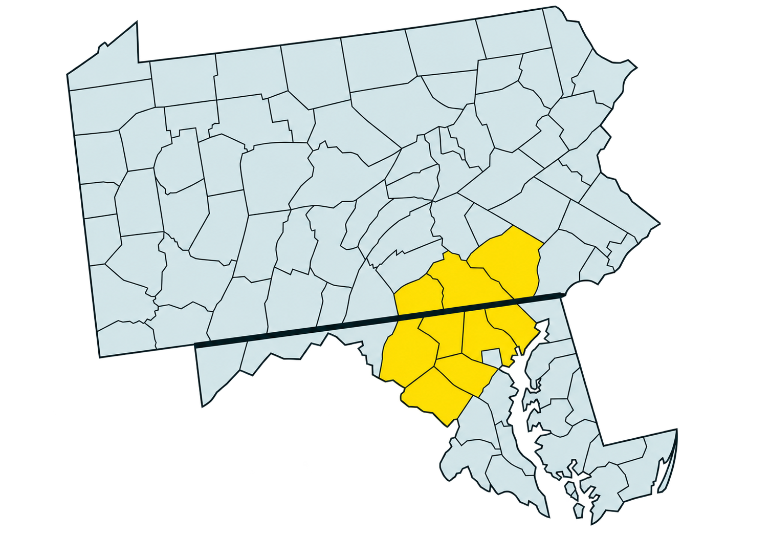 Map showing Mason Dixon service areas in Northern Maryland and Southeastern Pennsylvania